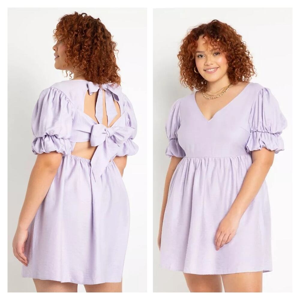 NEW Eloquii size 14/16, open back bow tie puff sleeve lavender mini dress
